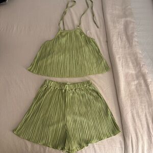 SHEIN Green Pleated Halter Top and Shorts Set
